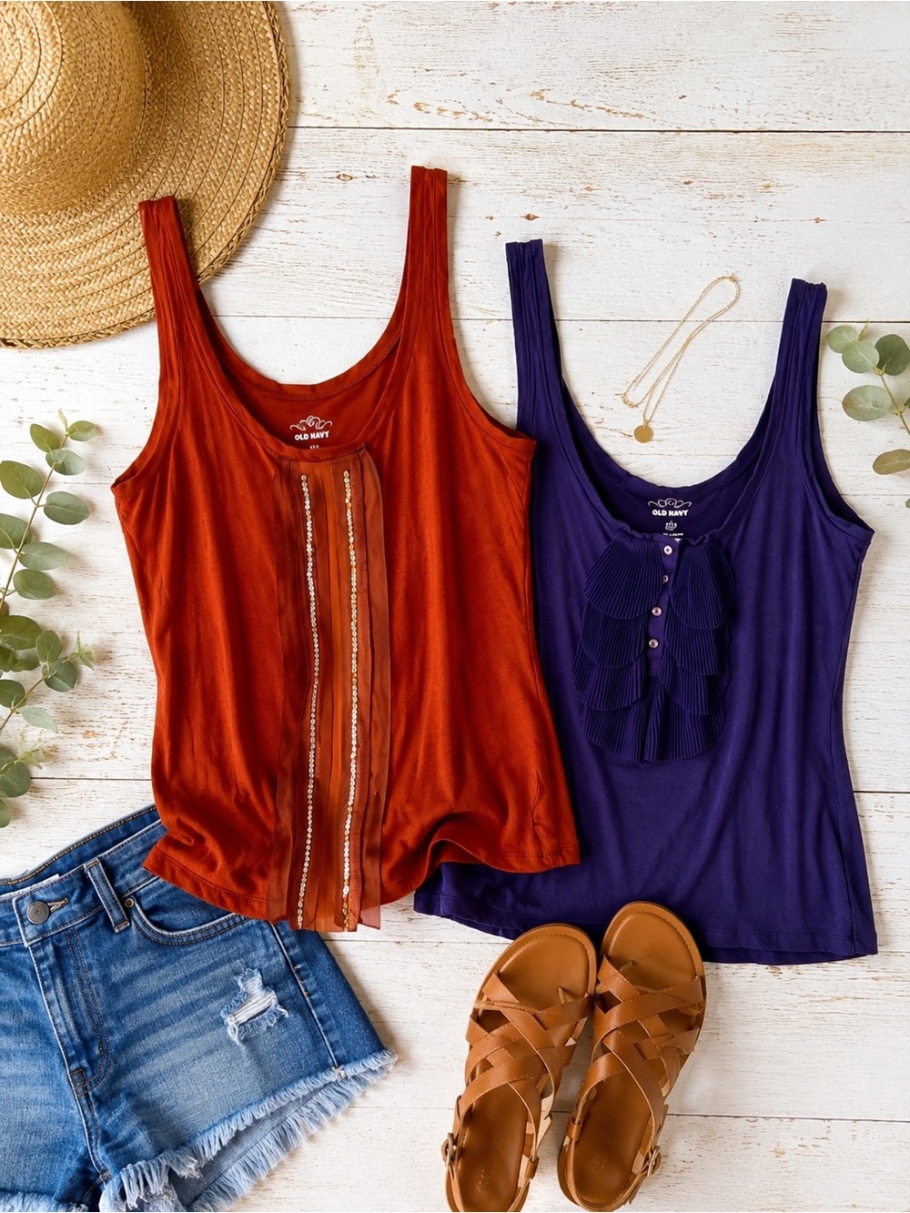 SOFT COTTON Y2K SET OF 2 BUNDLE TANK TOPS EMBELLISHED BLUE RUST LARGE